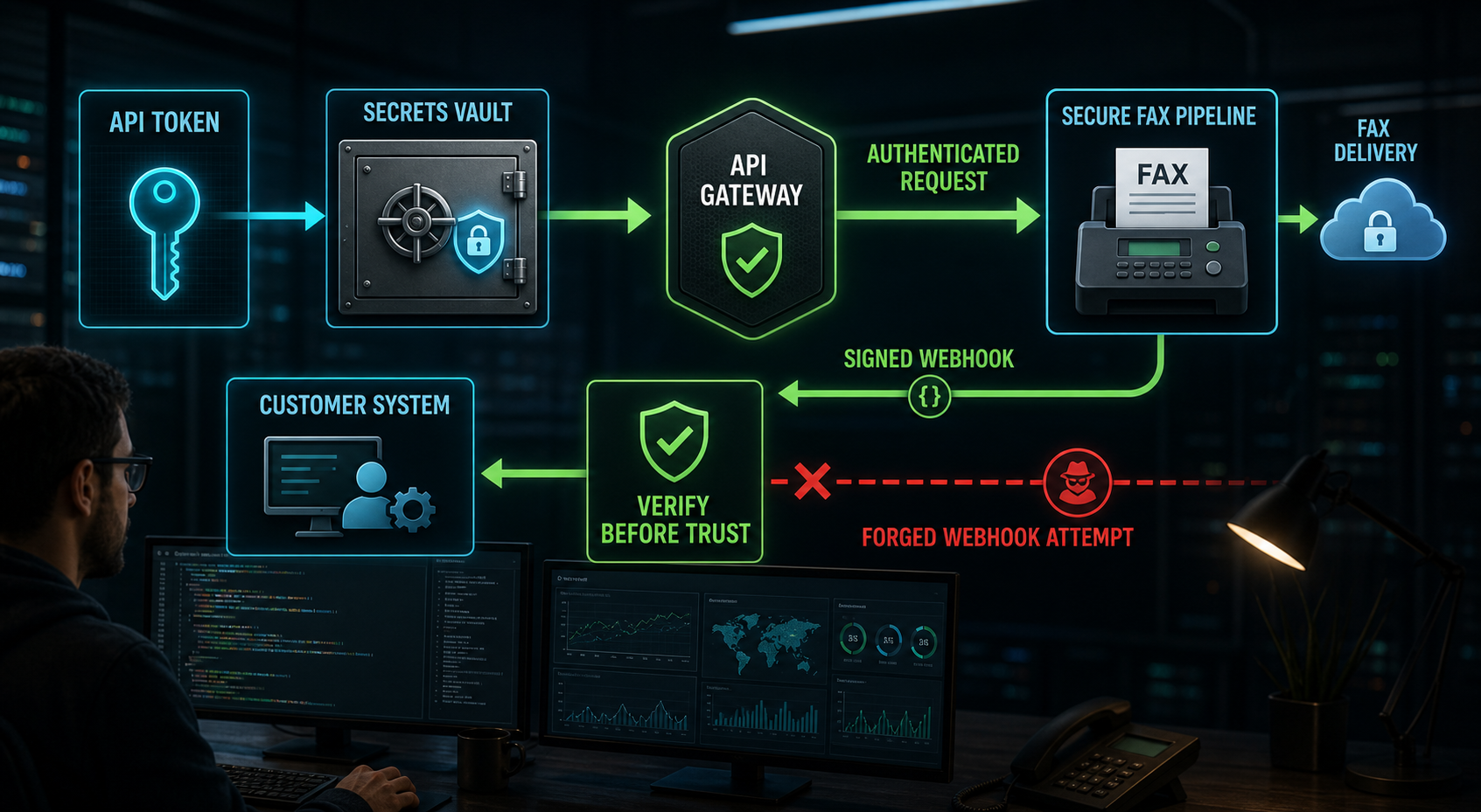 Secure fax API token, secrets vault, authenticated request, signed webhook, and verification flow