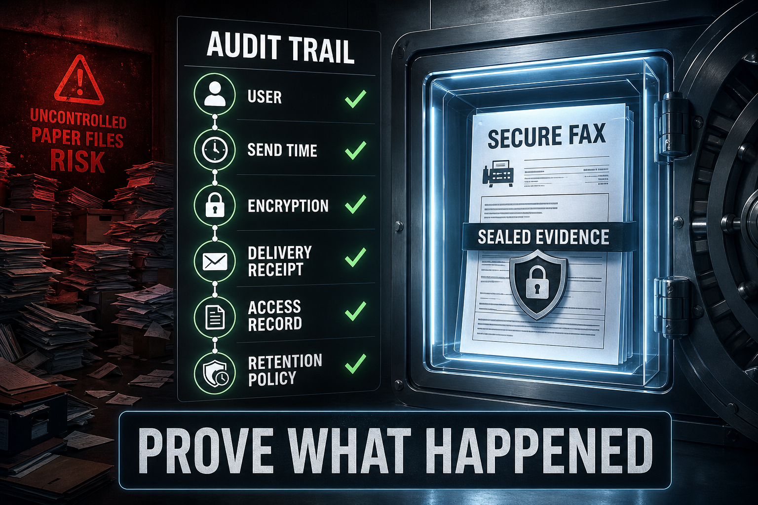 Secure fax audit trail, delivery receipt, access history, retention control, and proof evidence vault