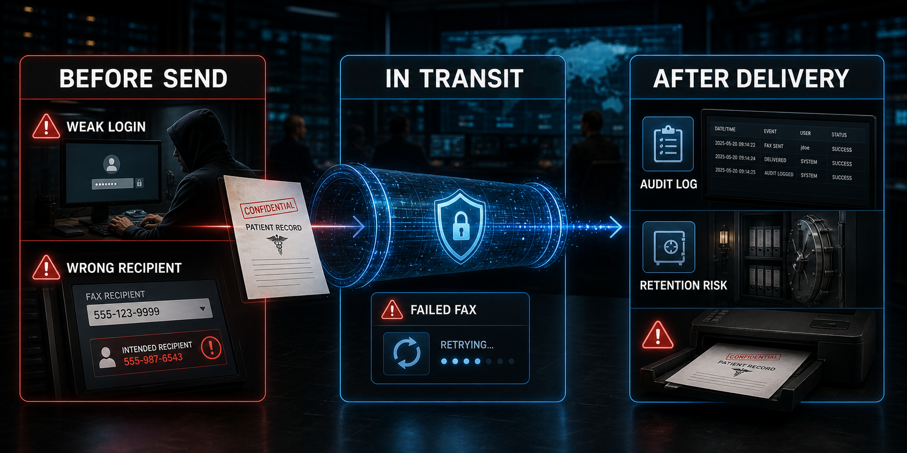 Secure fax threat model showing before-send, in-transit, and after-delivery risks