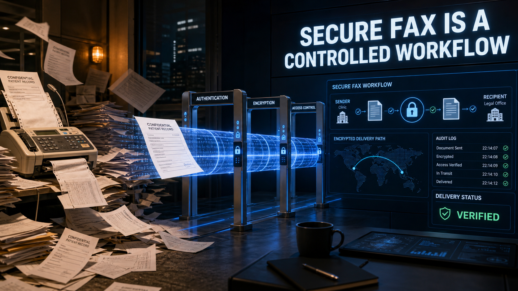 Secure fax workflow with encryption, audit log, and delivery verification